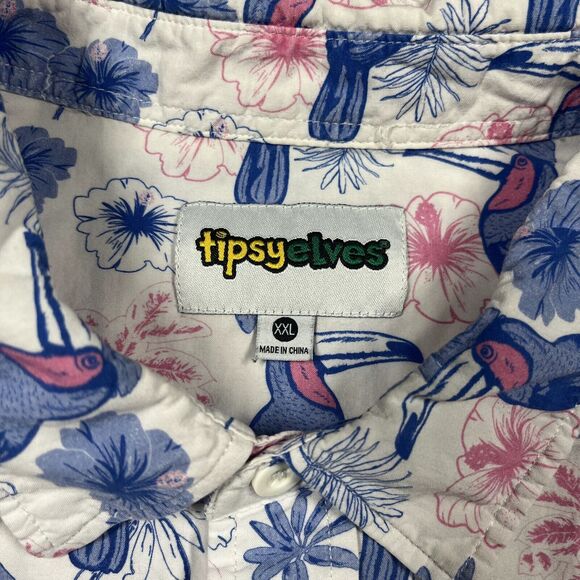 Vtg Tipsy Elves Hawaiian Shirt Men's 2XL White Tropical Toucan Button-Up Beach - Picture 2 of 5